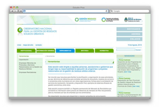 Observatorio RSU - 3 Sitio web del Observatorio Nacional para la Gestión de Residuos Sólidos Urbanos, de la Secretaría de Ambiente y Desarrollo Sustentable de la Nación.